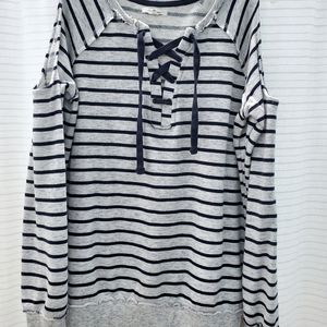 Maurices: med. open shoulder blue striped top, v-neck with blue lace tie